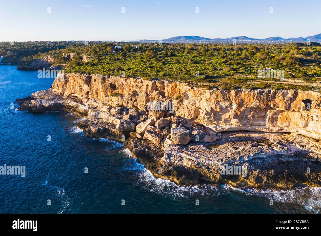 Steep coast near Cala Figuera, near Santanyi, aerial view, Migjorn region, Mediterranean Sea, Majorca, Balearic Islands, Spain Stock Photo
