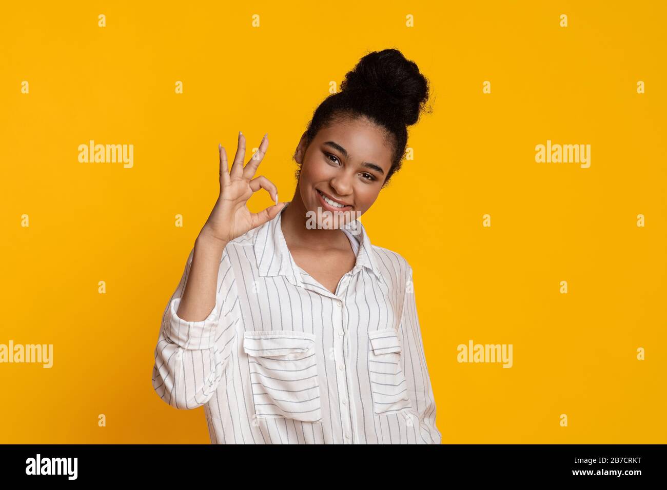 Positive Black Girl Showing Ok Gesture And Sincerely Smiling Stock ...