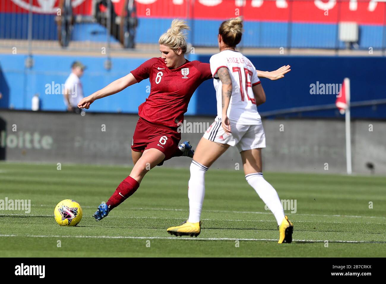 England defender Millie Bright (6) kicks the ball against Spain during ...