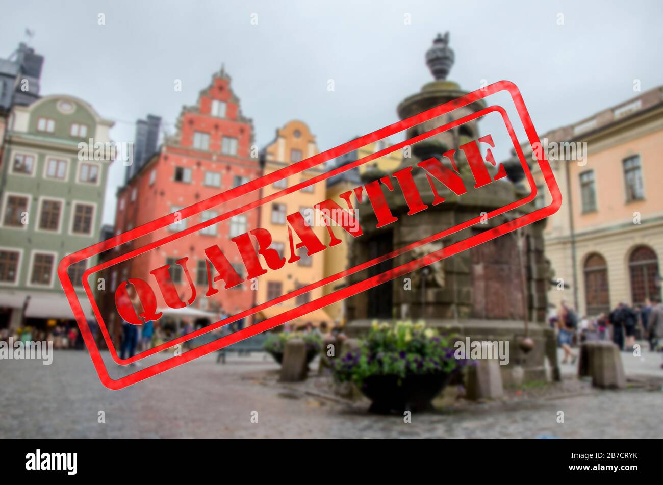 Quarantine sign with city center in Stockholm, Sweden. Warning about