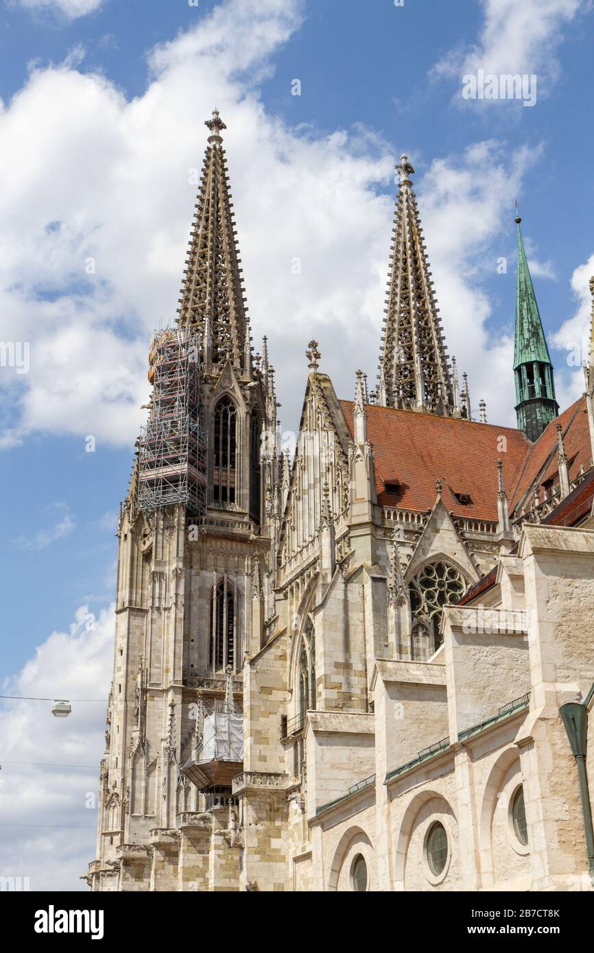 The spires of St Peter Cathedral, (Dom St Peter) in Regensburg, Bavaria, Germany. Stock Photo