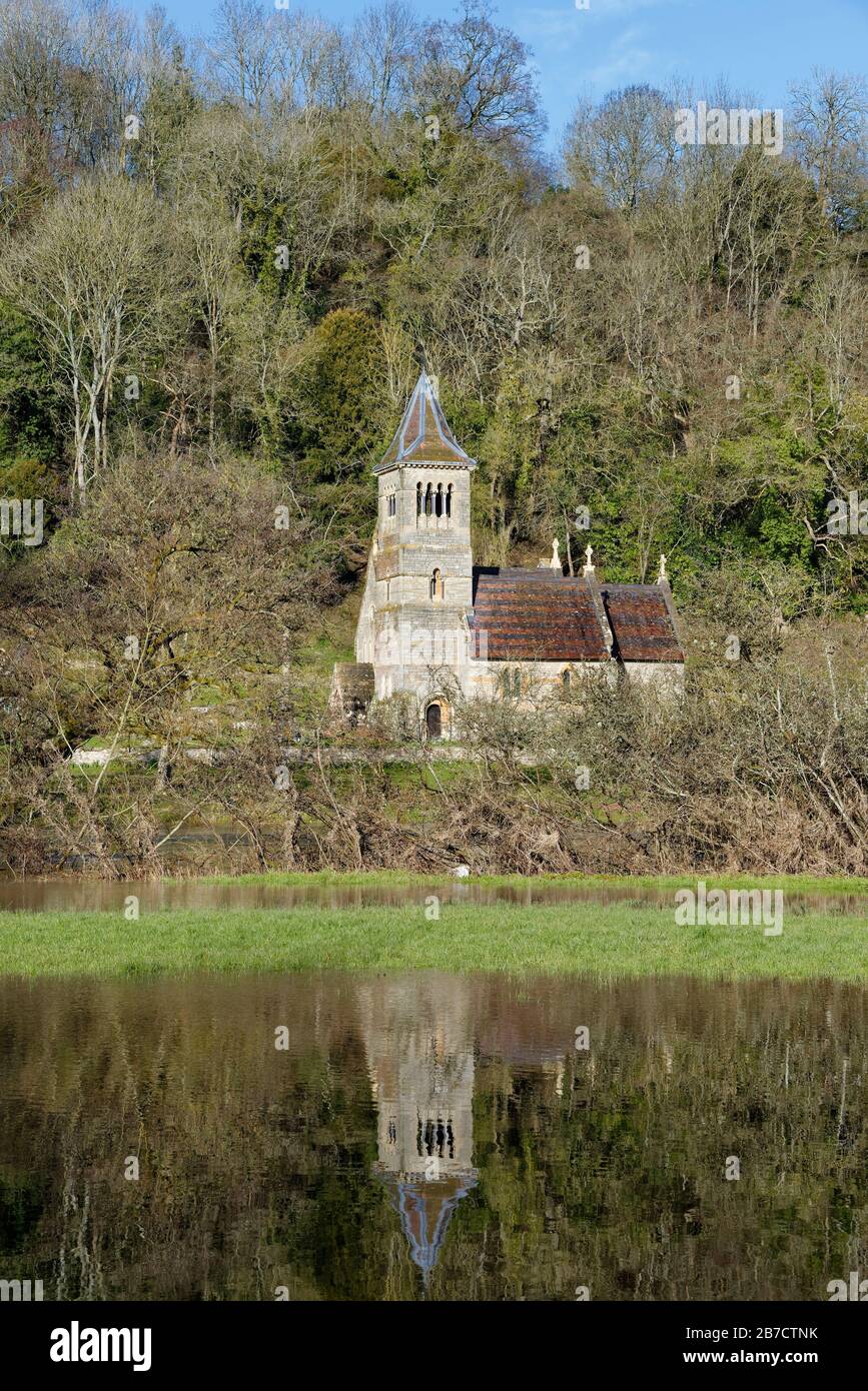 St Margaret's Church, Welsh Bicknor  On the banks of the flooded River Wye. Built 1858 Stock Photo
