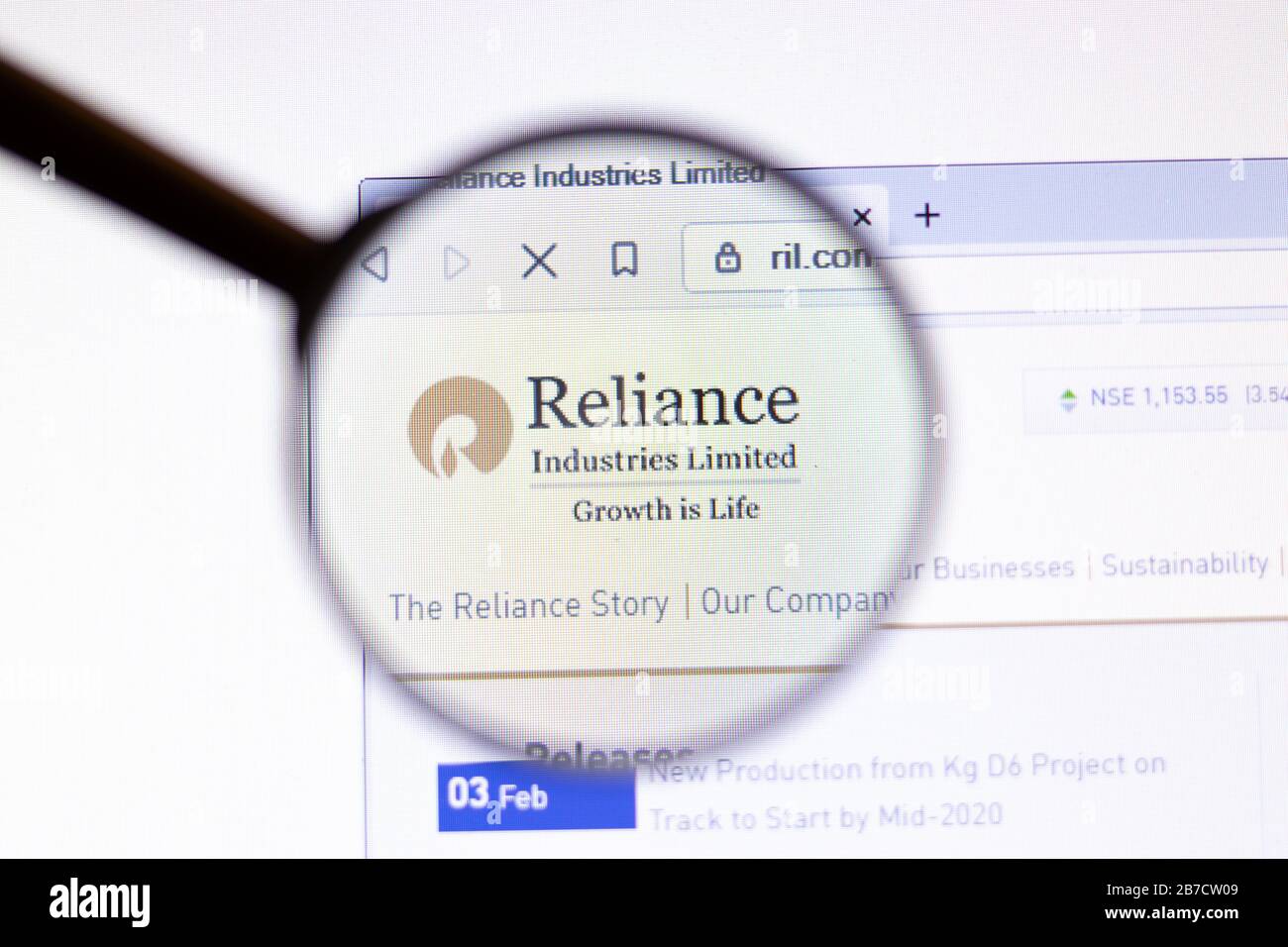 Los Angeles, California, USA - 15 March 2020: Reliance Industries icon on website page. Ril.com logo visible on display screen, Illustrative Editorial Stock Photo