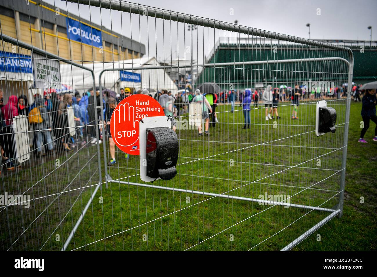 Hand sanitisers inside the runners village at Bath half marathon Stock