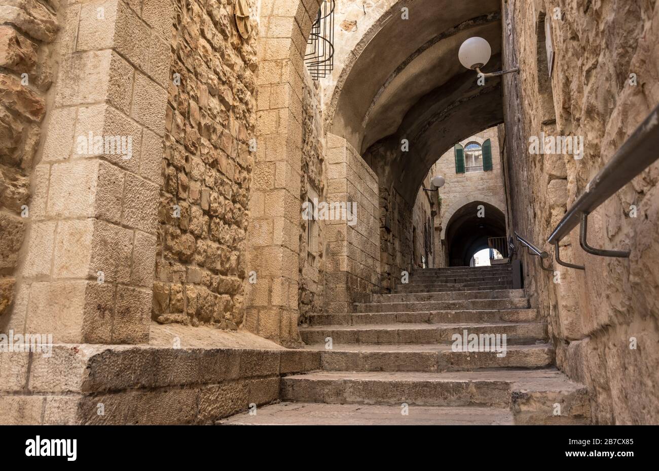 An ancient staircase, in the old Jewish Quarter alleys, arches and old ...