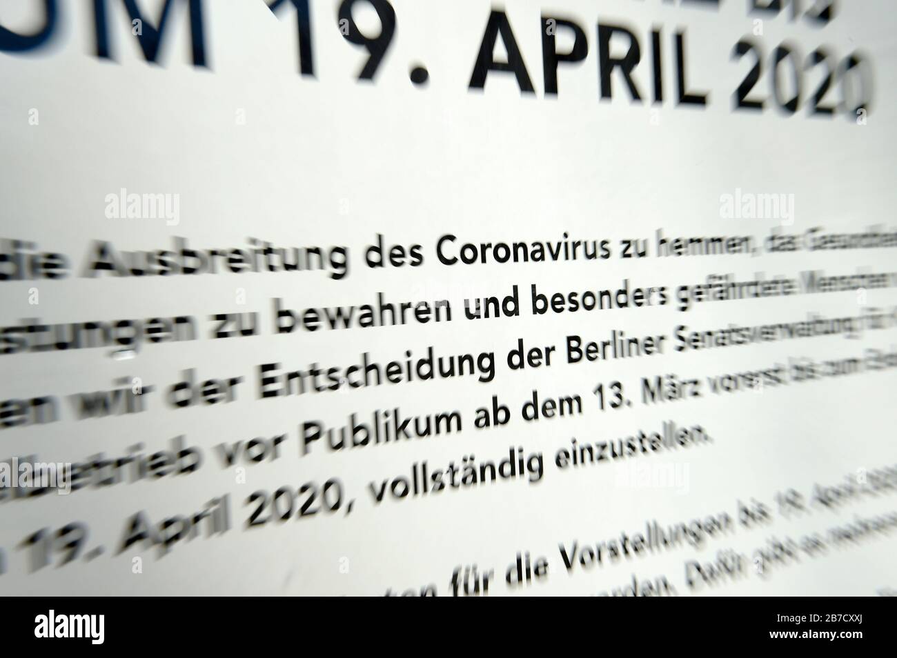 Berlin, Germany. 14th Mar, 2020. Cessation of play in the Deutsches Theater. Since Friday, the state theaters, operas and concert halls in Berlin have been completely closed, as have the museums, memorials and libraries. Most private theaters follow the example of state cultural institutions. Schools and day-care centers will also close from next week. Credit: Geisler-Fotopress GmbH/Alamy Live News Stock Photo