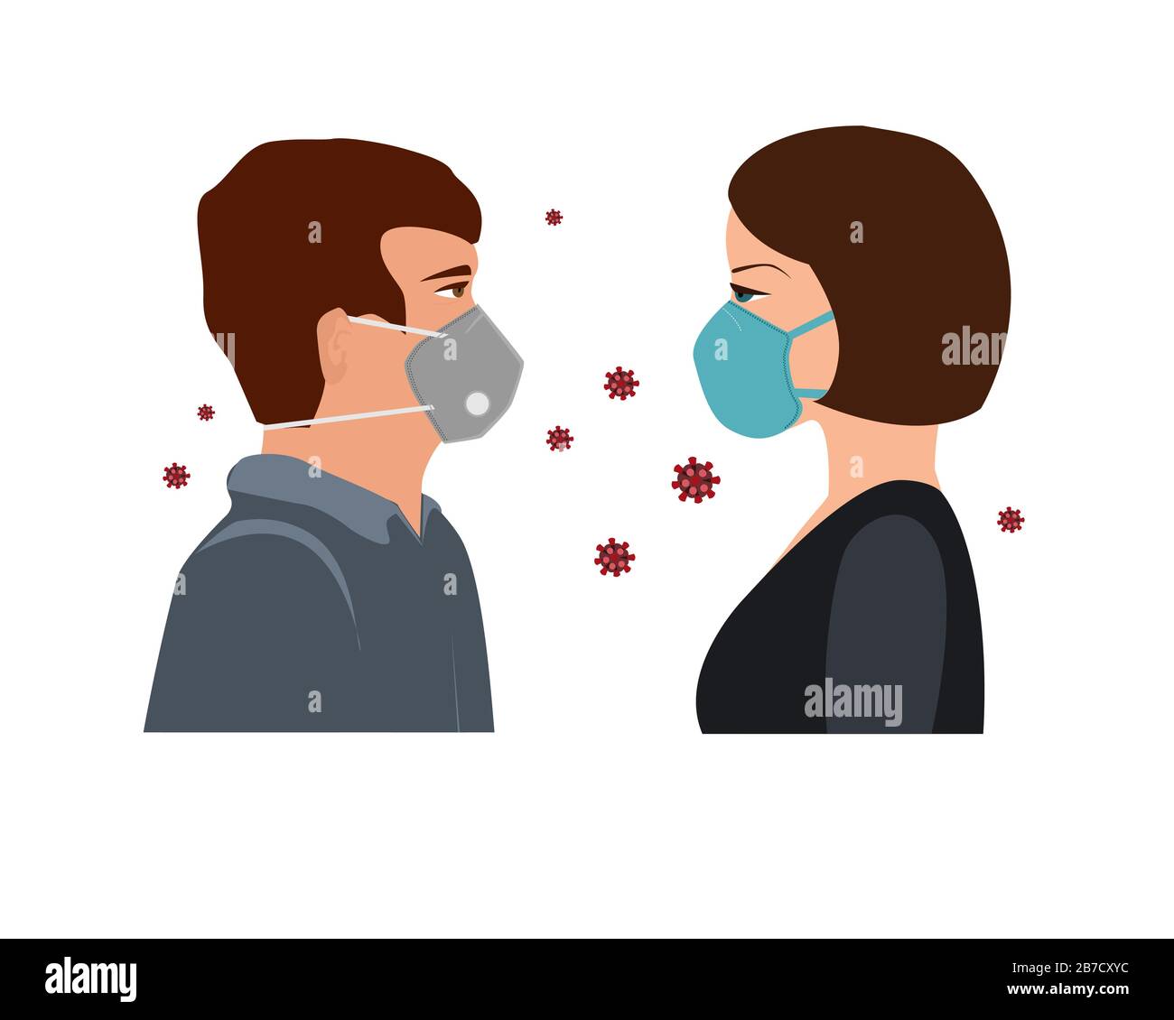 COVID-19, 2019-nCoV concept. Woman and man with medical face masks. Stop coronavirus, vector illustration Stock Vector