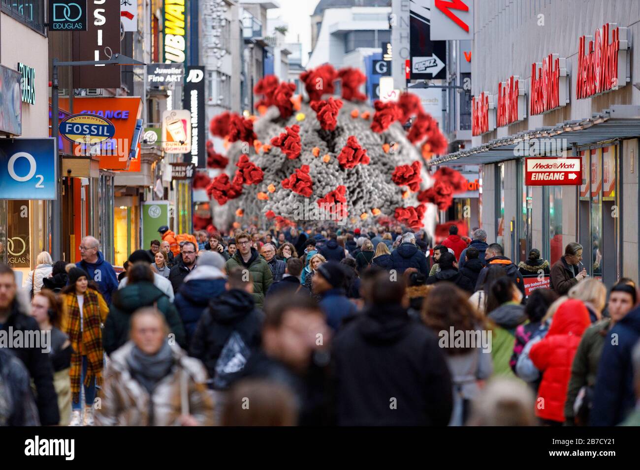 Corona cases in the population are increasing in North Rhine-Westphalia - in the picture the Cologne High Street (using a graphic from the CDC released under public domain). Stock Photo
