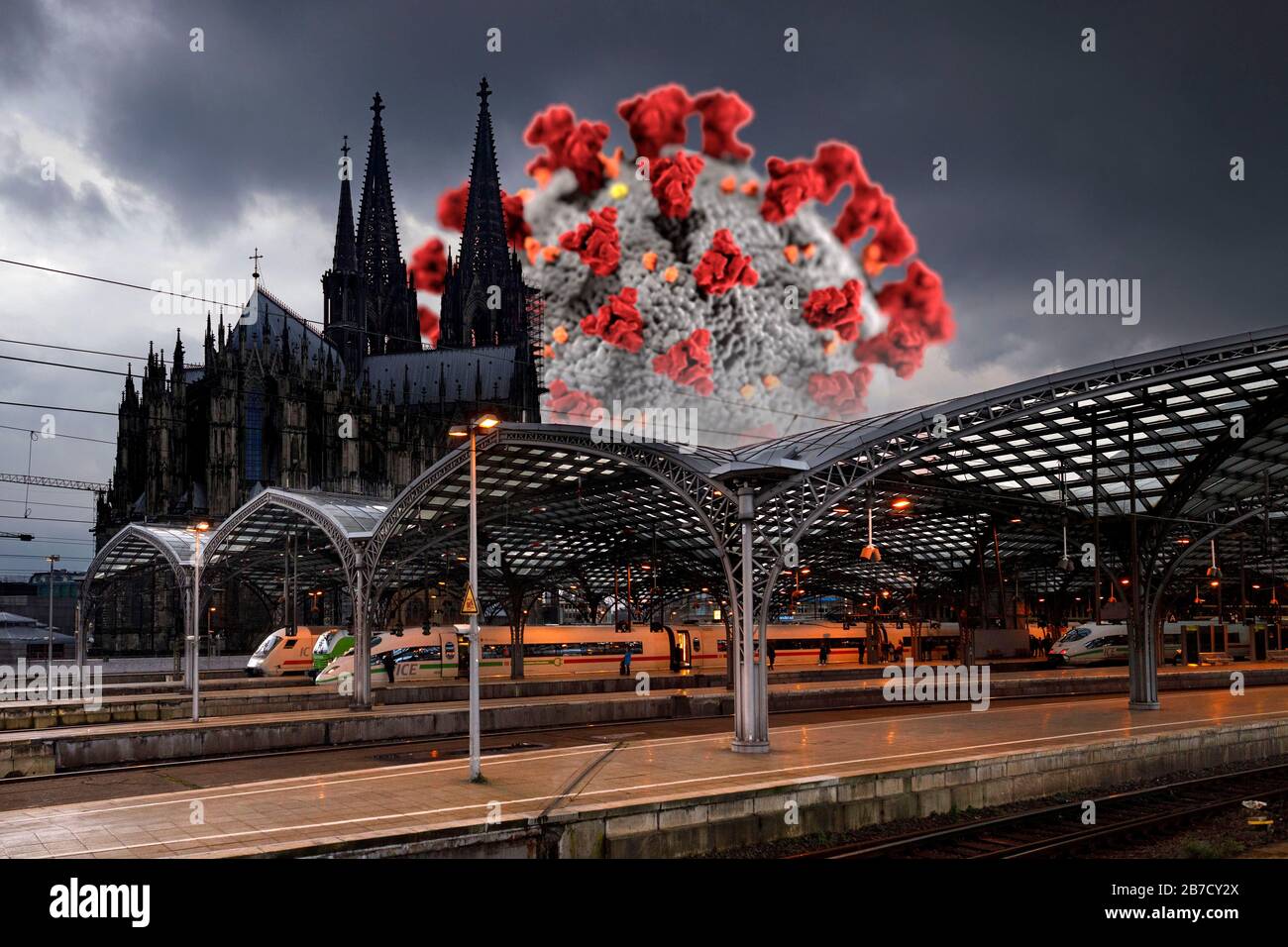 Corona cases in the population are increasing in North Rhine-Westphalia - in the picture the Cologne main station with cathedral (using a graphic from the CDC released under public domain). Stock Photo