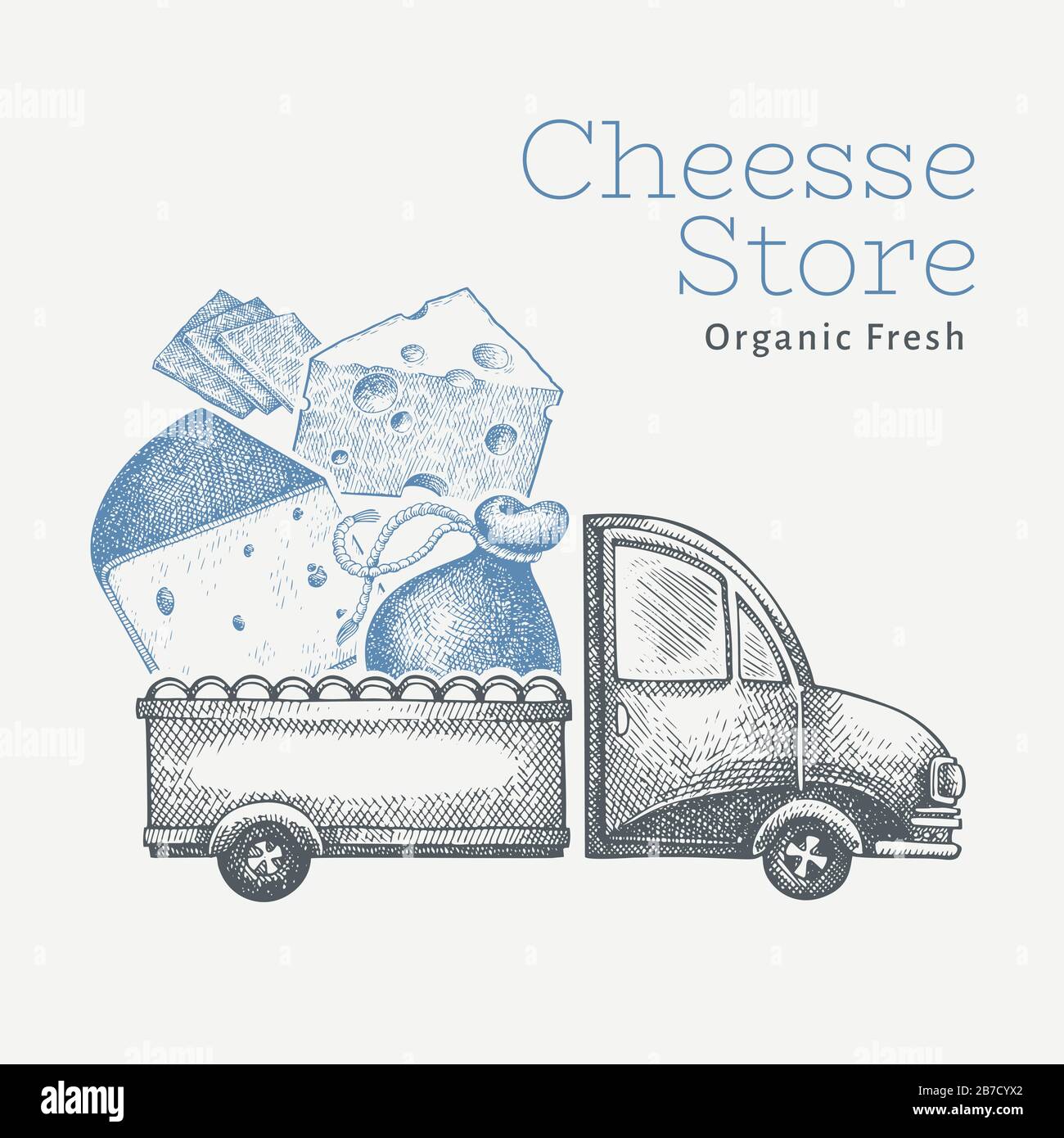Cheese shop delivery logo template. Hand drawn vector truck with cheese ...