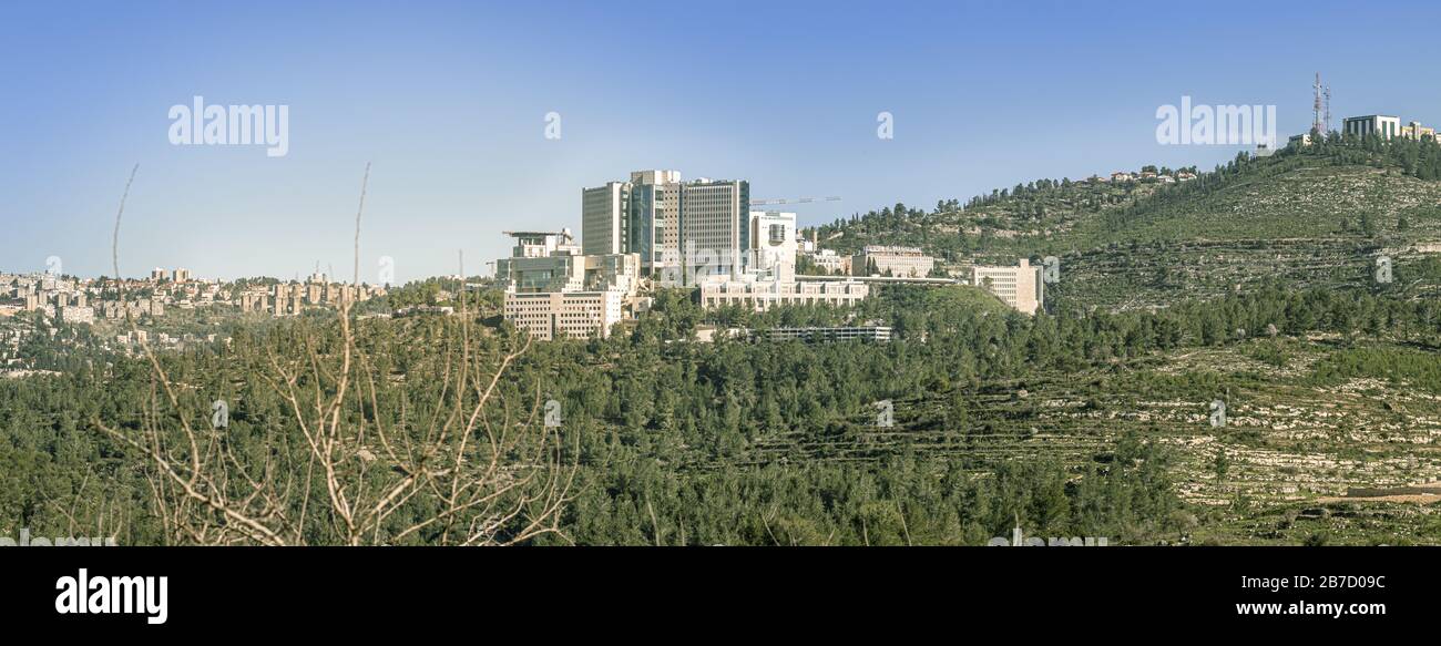 Hadassah Ein Karem, medical center hospital, in the middle of the jerusalem forest. panoramic view, buildings exterior, Jerusalem Israel. Stock Photo