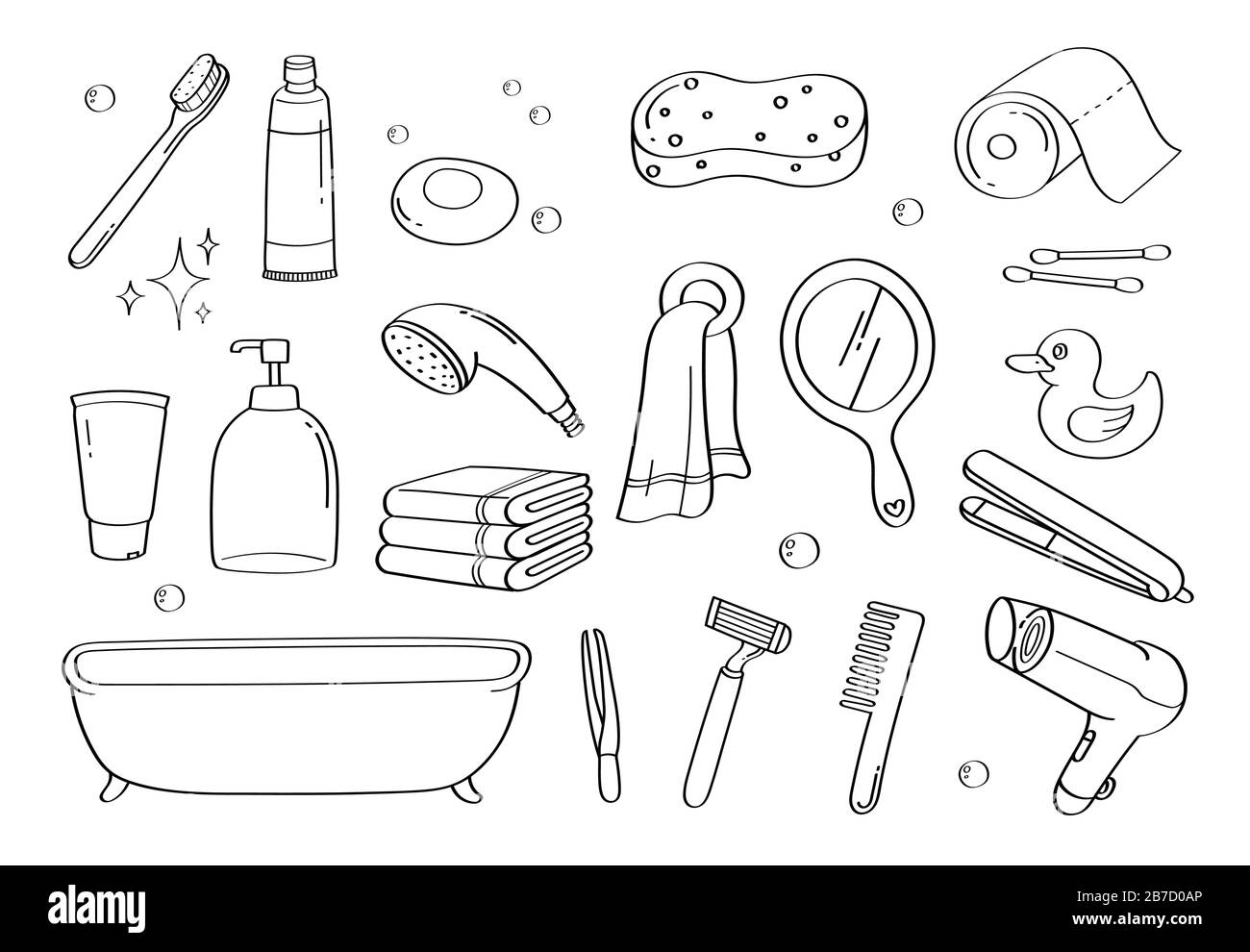 Cute doodle bathroom accessories cartoon icons and objects. Stock Vector