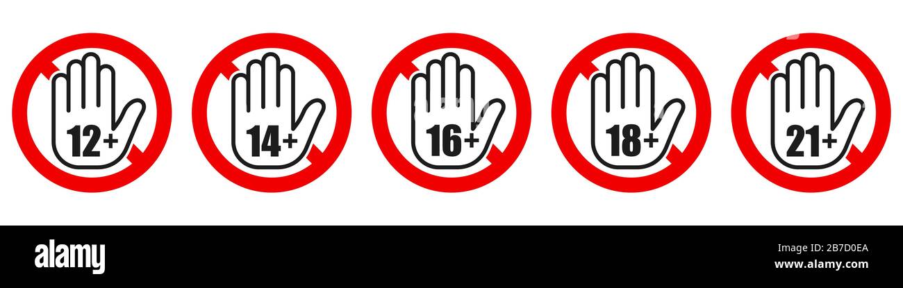 Set of age restriction signs. Age limit concept with hand icon. Vector illustration. Warning signs Stock Vector