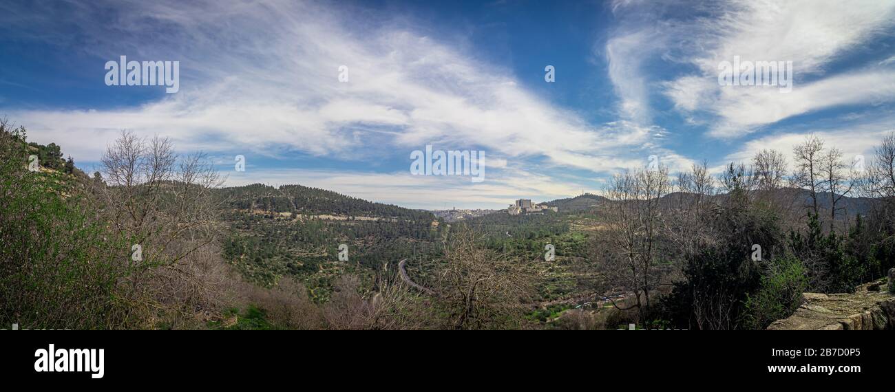 Hadassah Ein Karem, medical center hospital, in the middle of the jerusalem forest. a wide view on the area. panoramic view, buildings exterior, Jerus Stock Photo