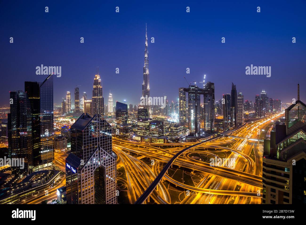 Beautiful Night View of Dubai Skyline Stock Photo