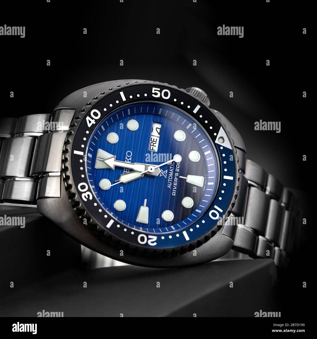 Stainless Steel Seiko Watch for diving with black background and blue dial  Stock Photo - Alamy