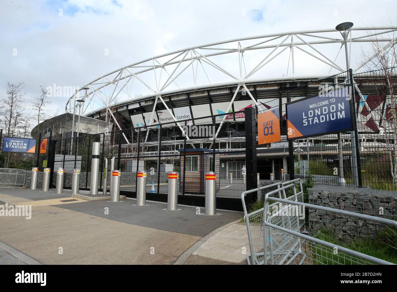 A view outside the London Stadium, home of West Ham United Football Club, following Friday's announcement that the Premier League has suspended all matches until Saturday April 4, 2020. Stock Photo