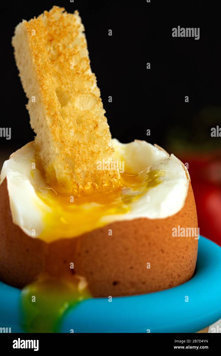 Brakfast food - boiled egg with toast - close up view Stock Photo