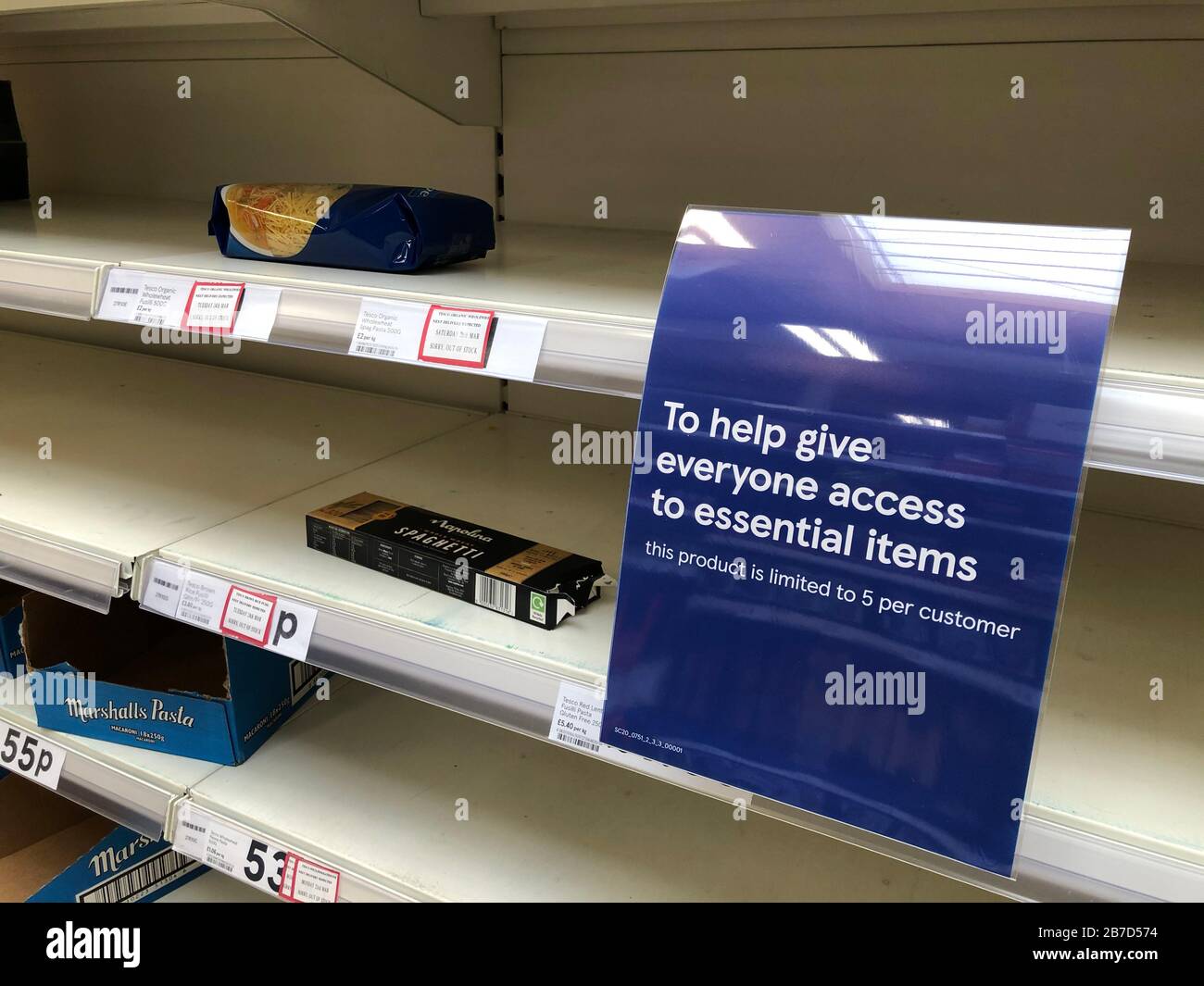 Shelves empty of pasta at Tesco in Camelon near Falkirk, as shoppers