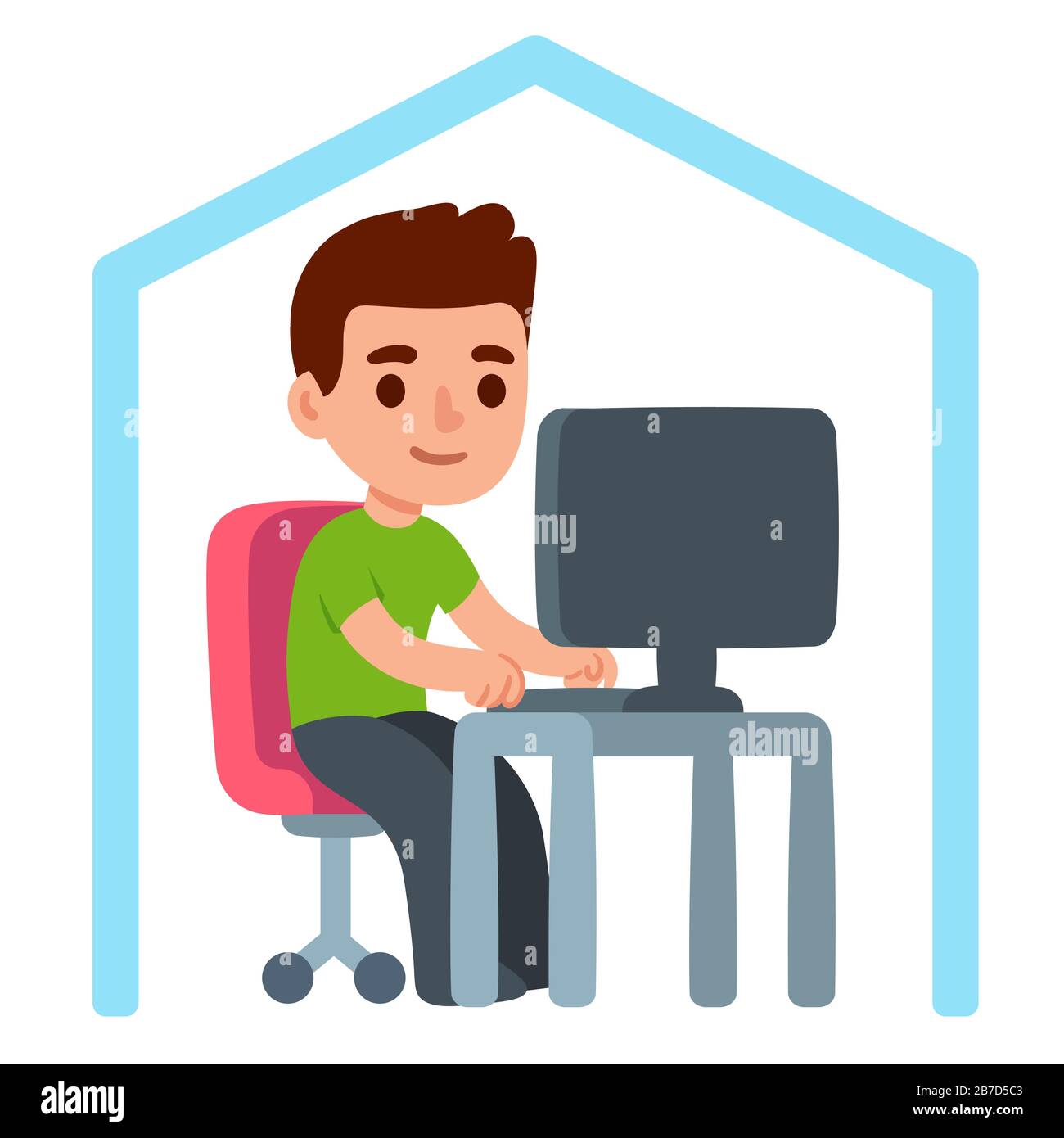 Cute cartoon character working from home. Remote work and telecommuting, or freelance job. Isolated vector clip art illustration in simple flat style. Stock Vector