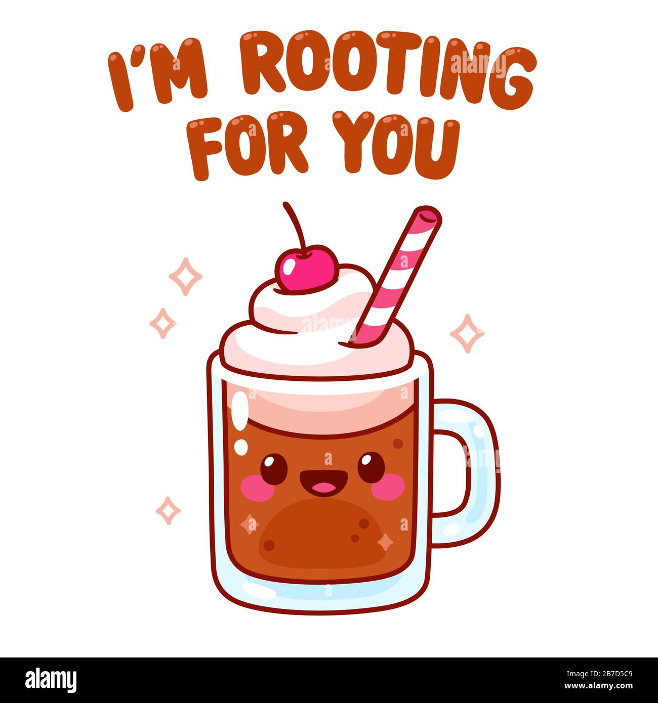 Cute cartoon root beer float character with text I'm Rooting For You. 