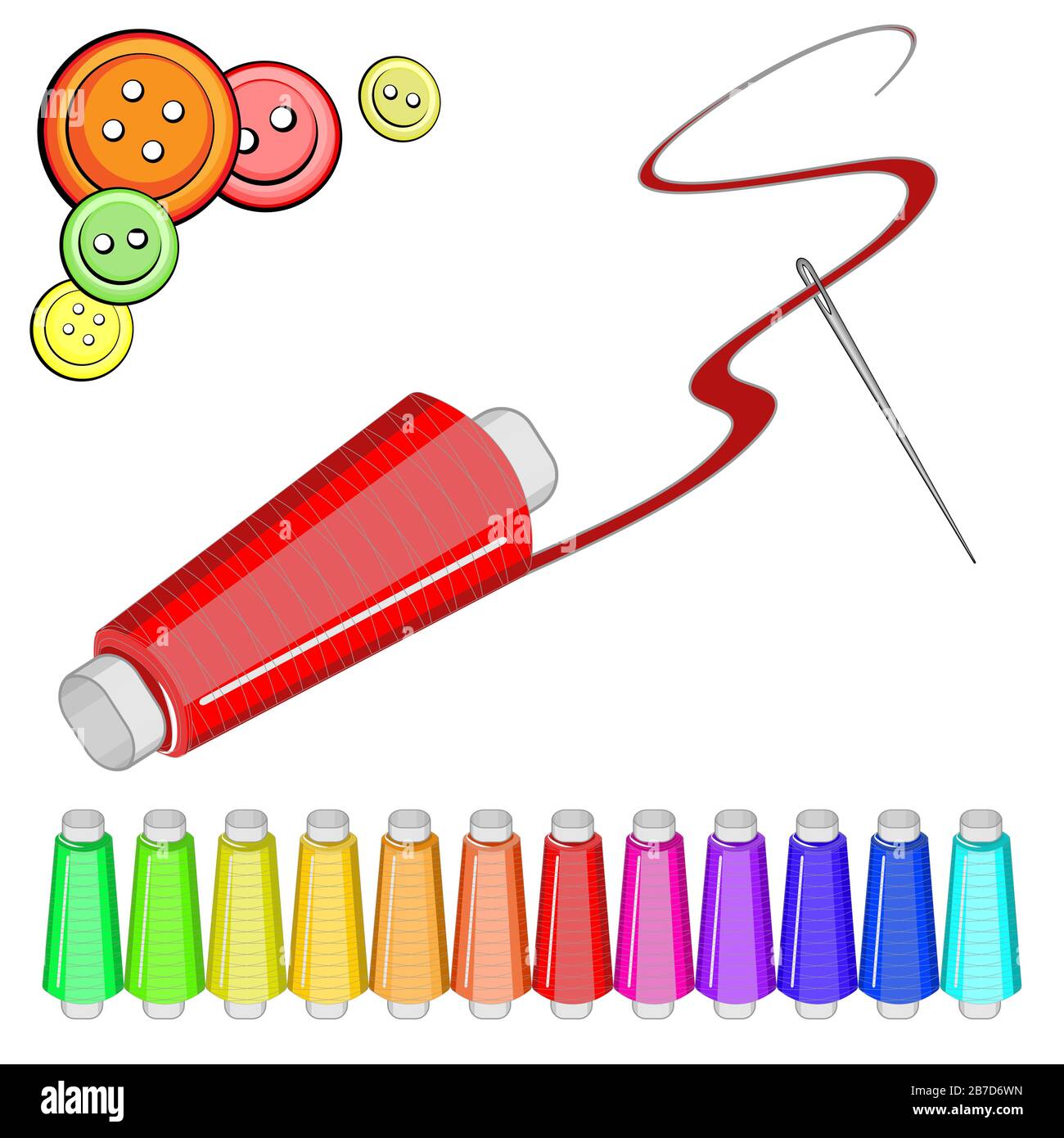 Vector illustration for a needlework project - a set of colored threads for sewing, a large needle and thread and a few buttons. Isolate on a white square background. Stock Vector