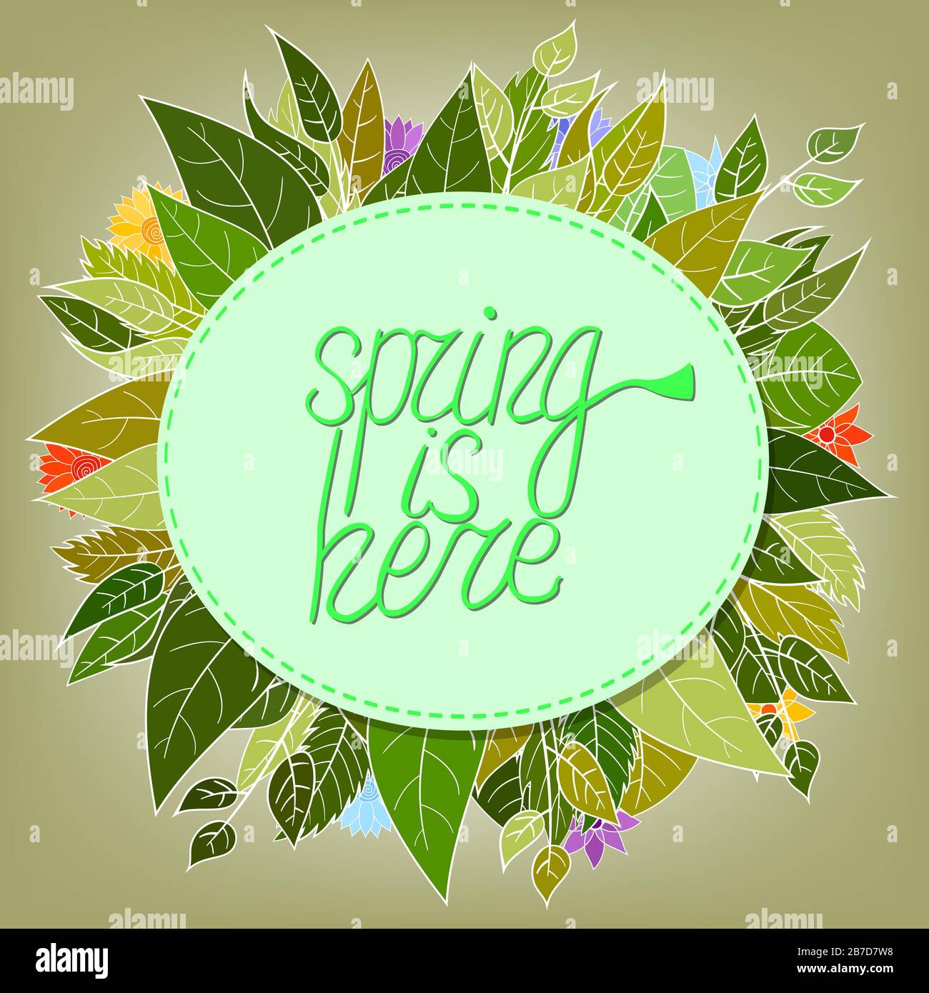 spring lettering greeting card with cartoon flowers and leaves spring