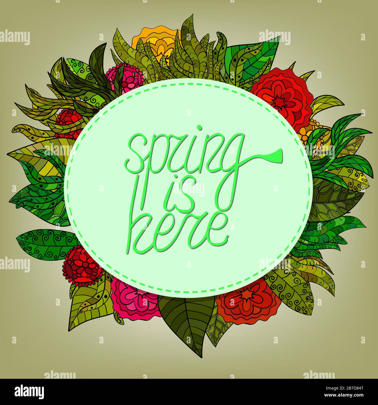 spring lettering greeting card with cartoon flowers and leaves spring