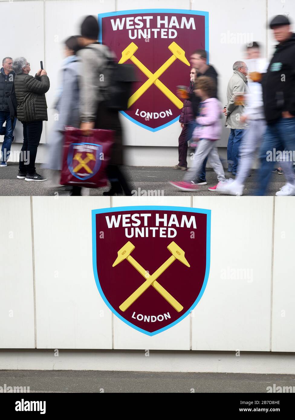 A composite photo showing West Ham United fans on their way to the stadium 04-05-2019 (top) and 15-03-2020 (bottom). Stock Photo