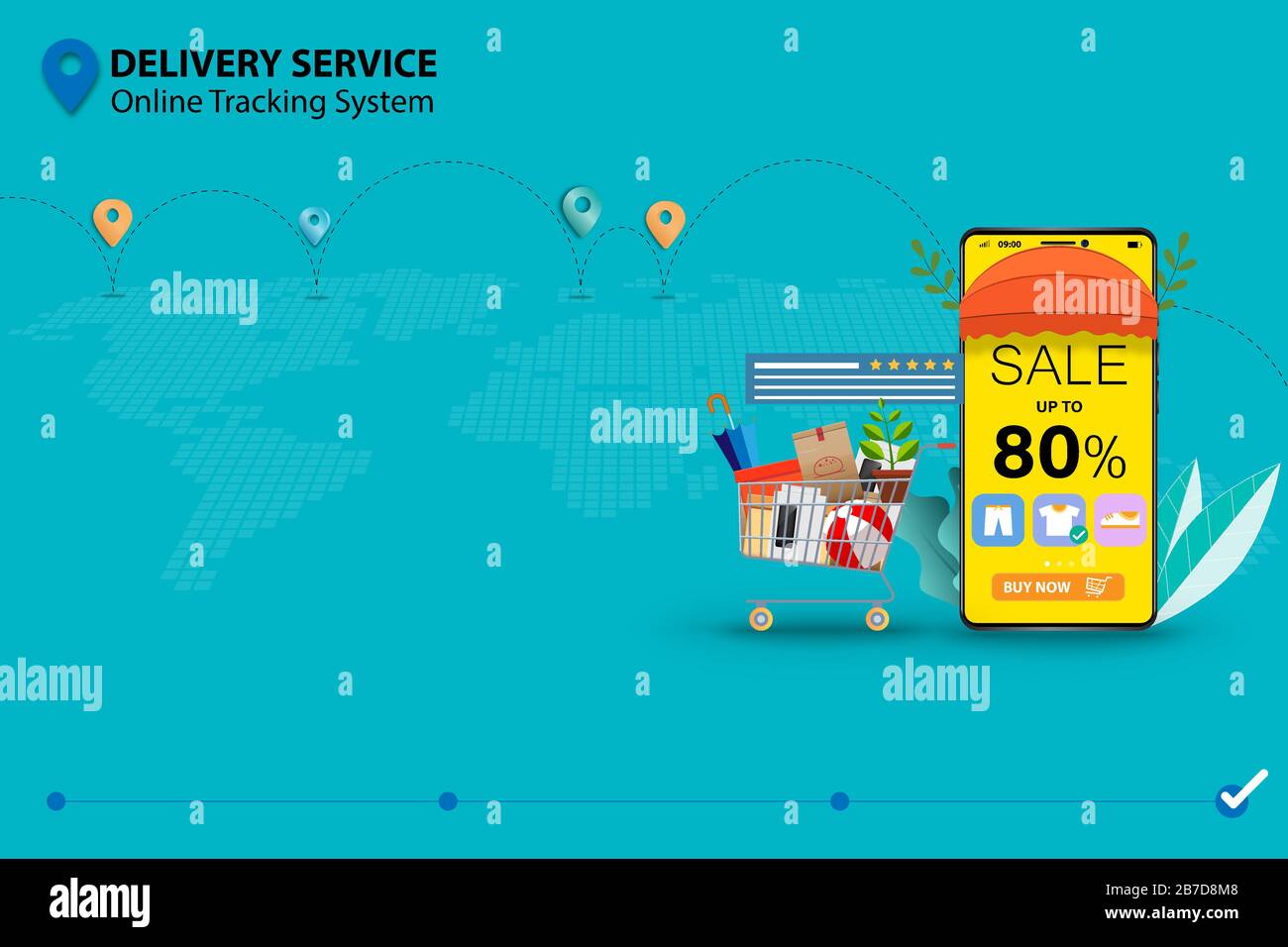 Concept of delivery service with online tracking system, supermarket basket with goods put near smartphone that the display contain discount rate. Stock Vector