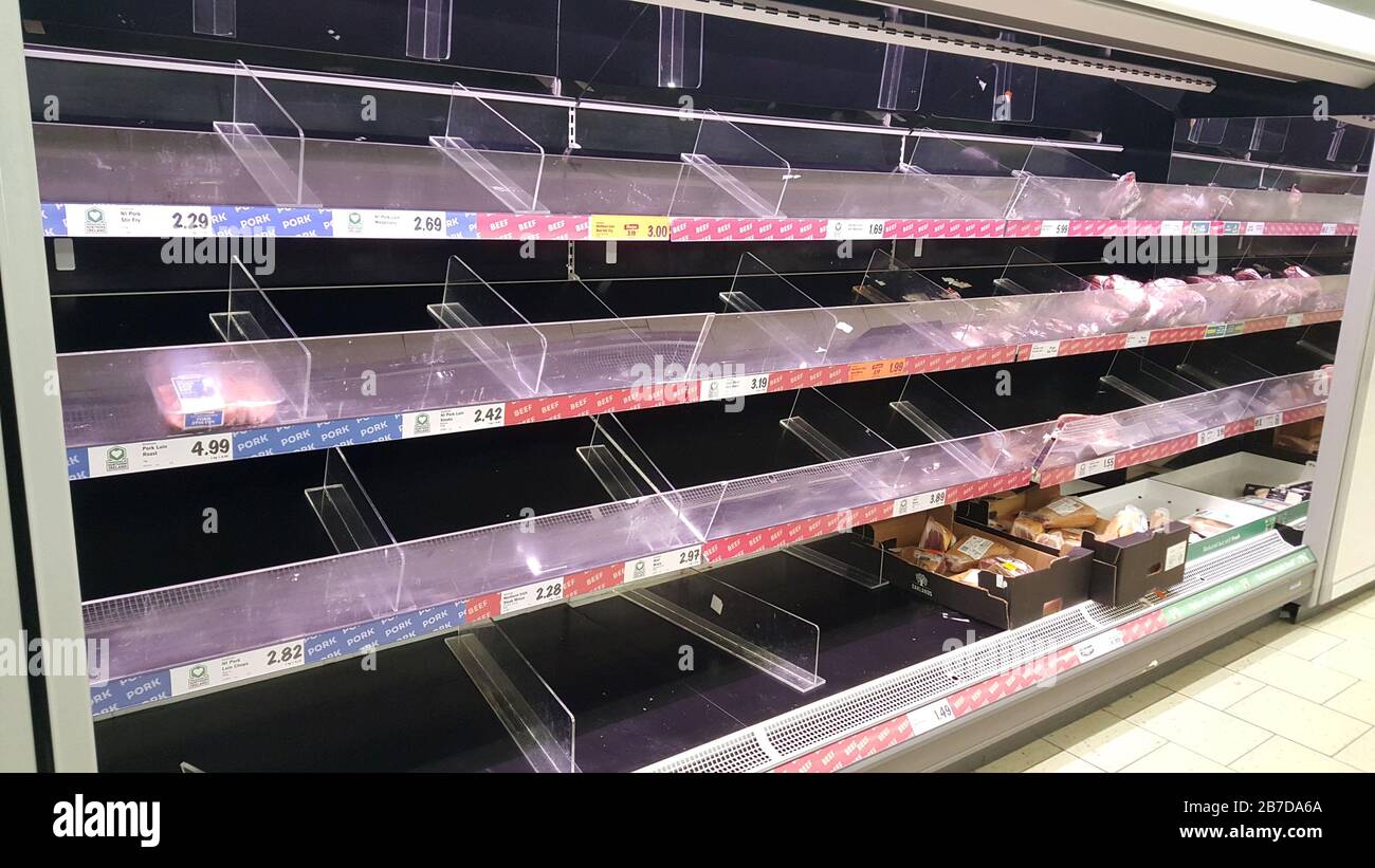 empty shelves of fresh beef and pork in a lidl store in Belfast