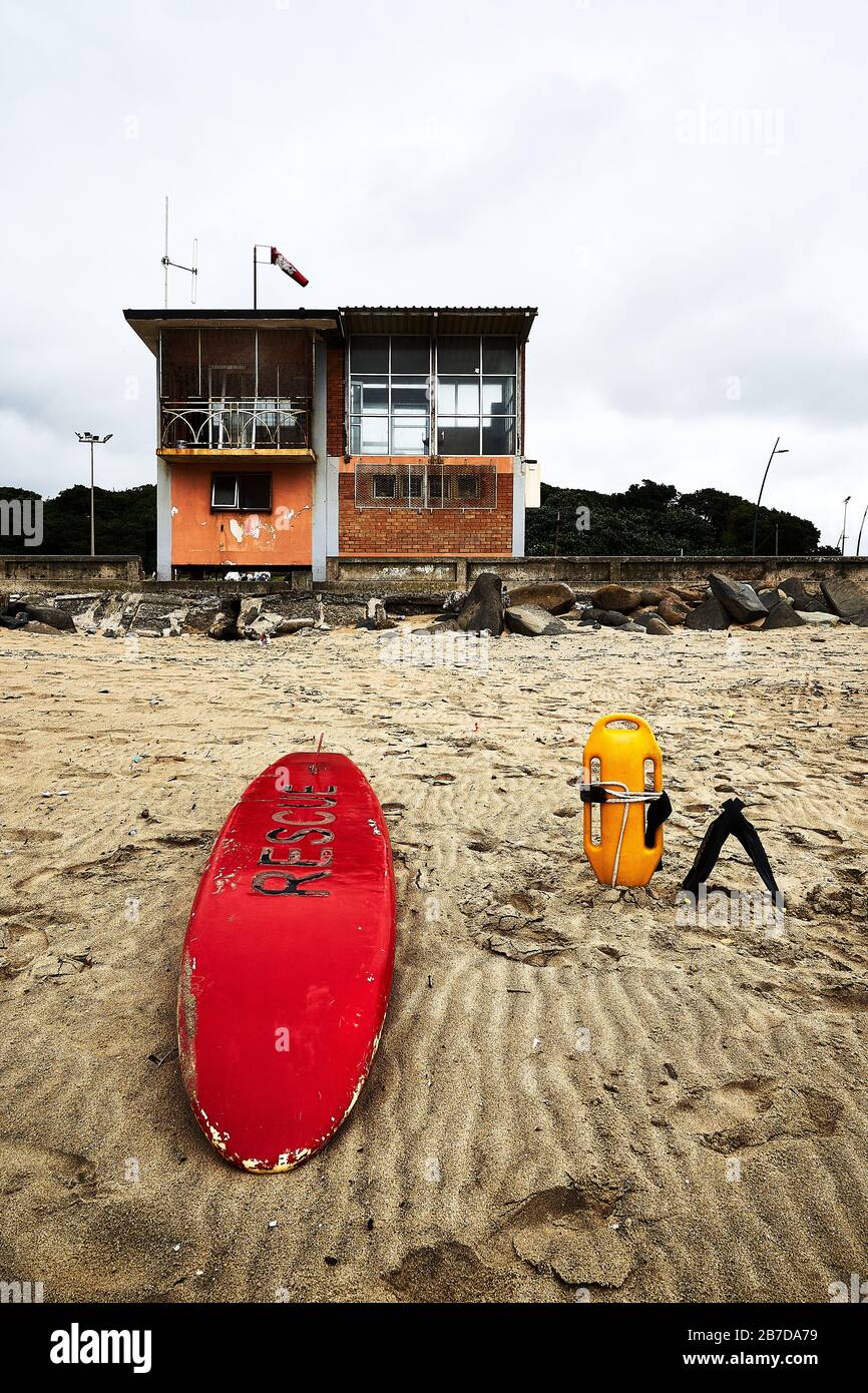 Rescue surfboard and Life Buoy on the beach, East London, South Africa Stock Photo