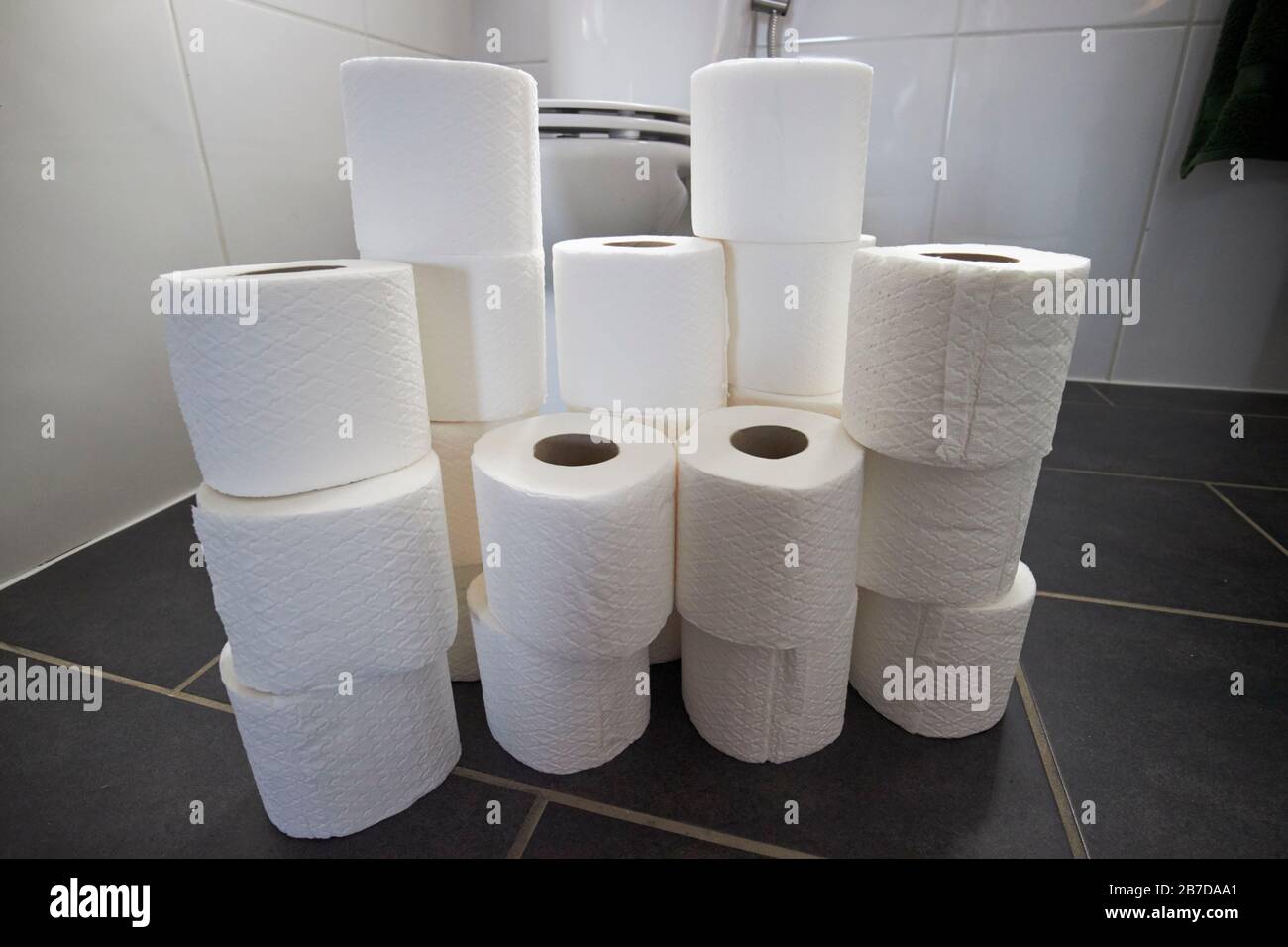 stockpile of toilet rolls in bathroom due to panic buying stockpiling due to coronavirus outbreak Stock Photo