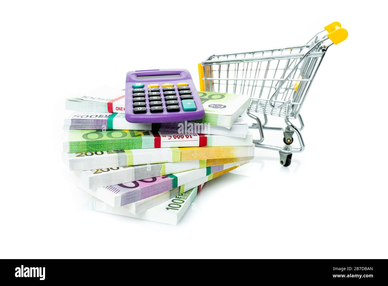 Shopping cart with euro, calculator isolated on white Stock Photo Alamy