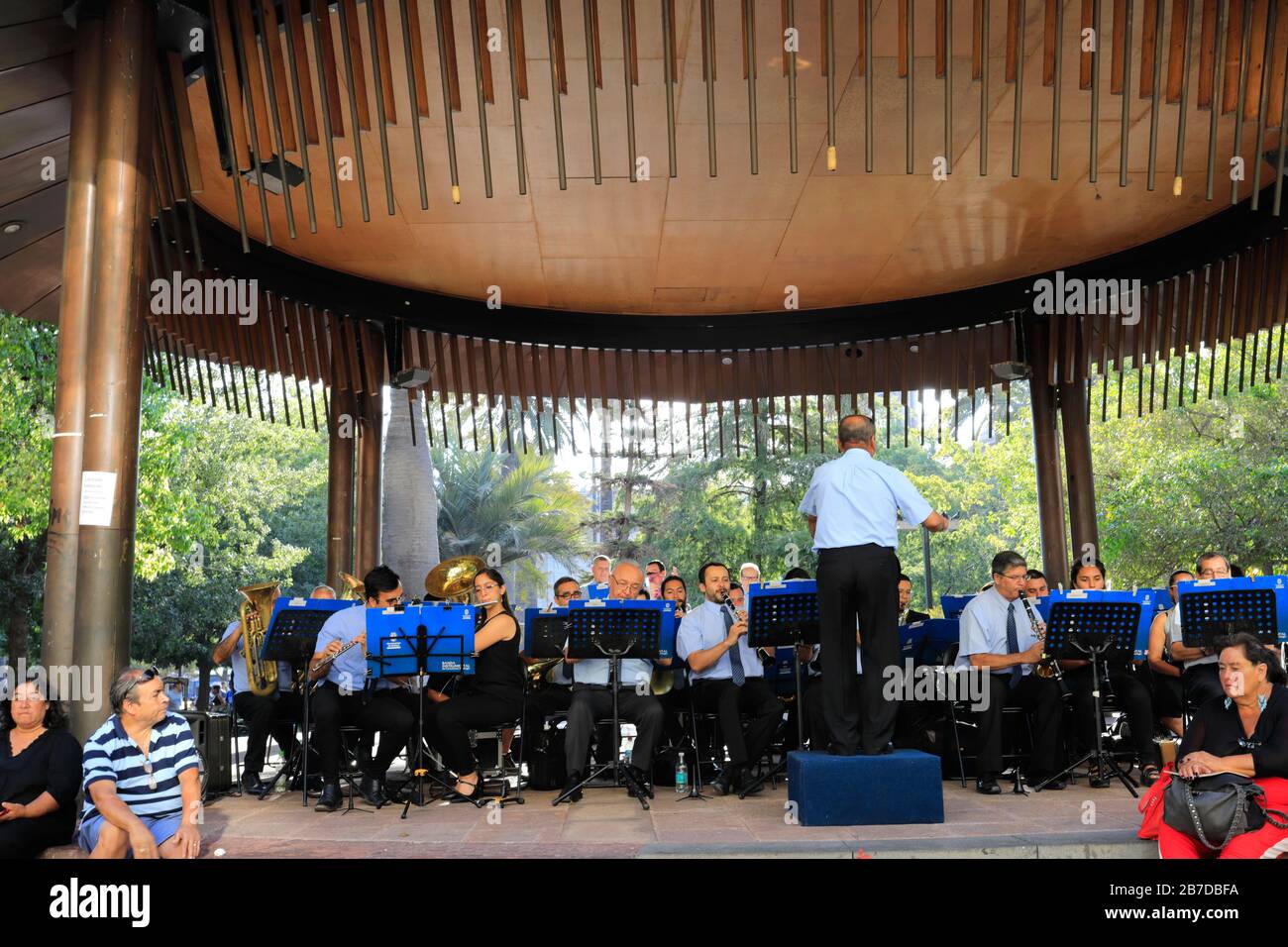 Brass band playing in the Bandstand in Plaza de Armas, Metropolitan Region, Santiago City, Chile Stock Photo