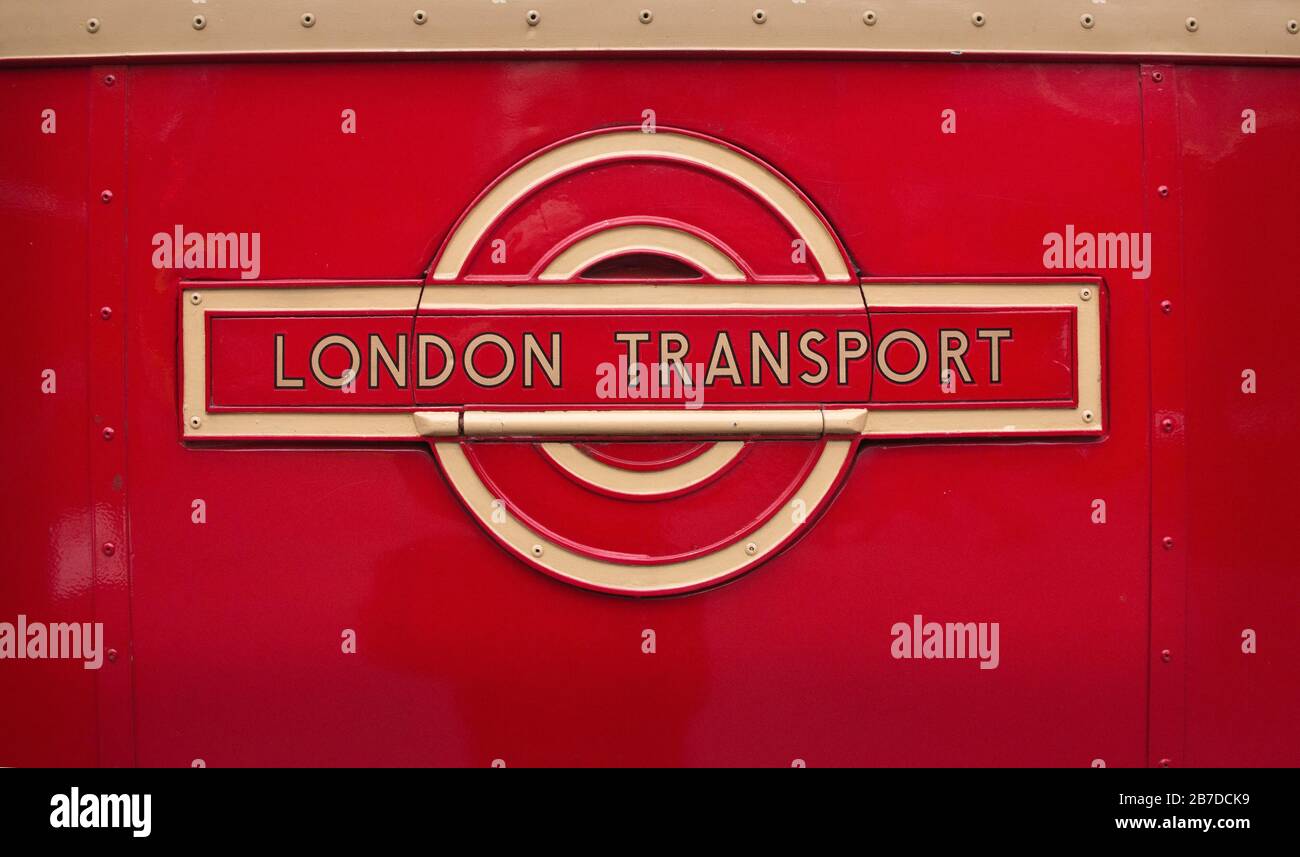 8 Nov 2019 - London transport logos taken at the Brooklands London Bus Museum, Weybridge, Surrey, UK. which hosts the largest collection of historic L Stock Photo