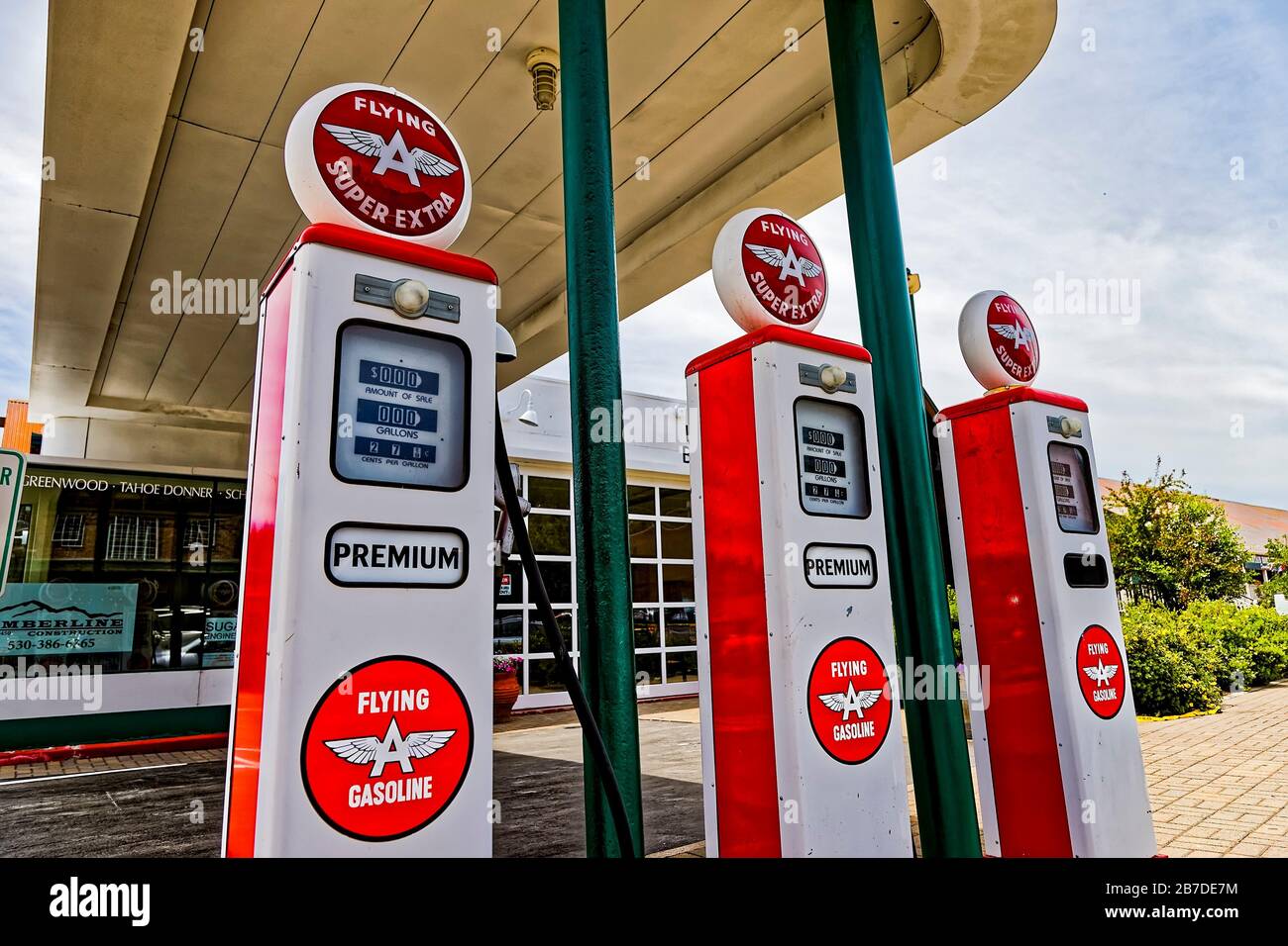 Flying A Super Extra Gas Pumps. Stock Photo