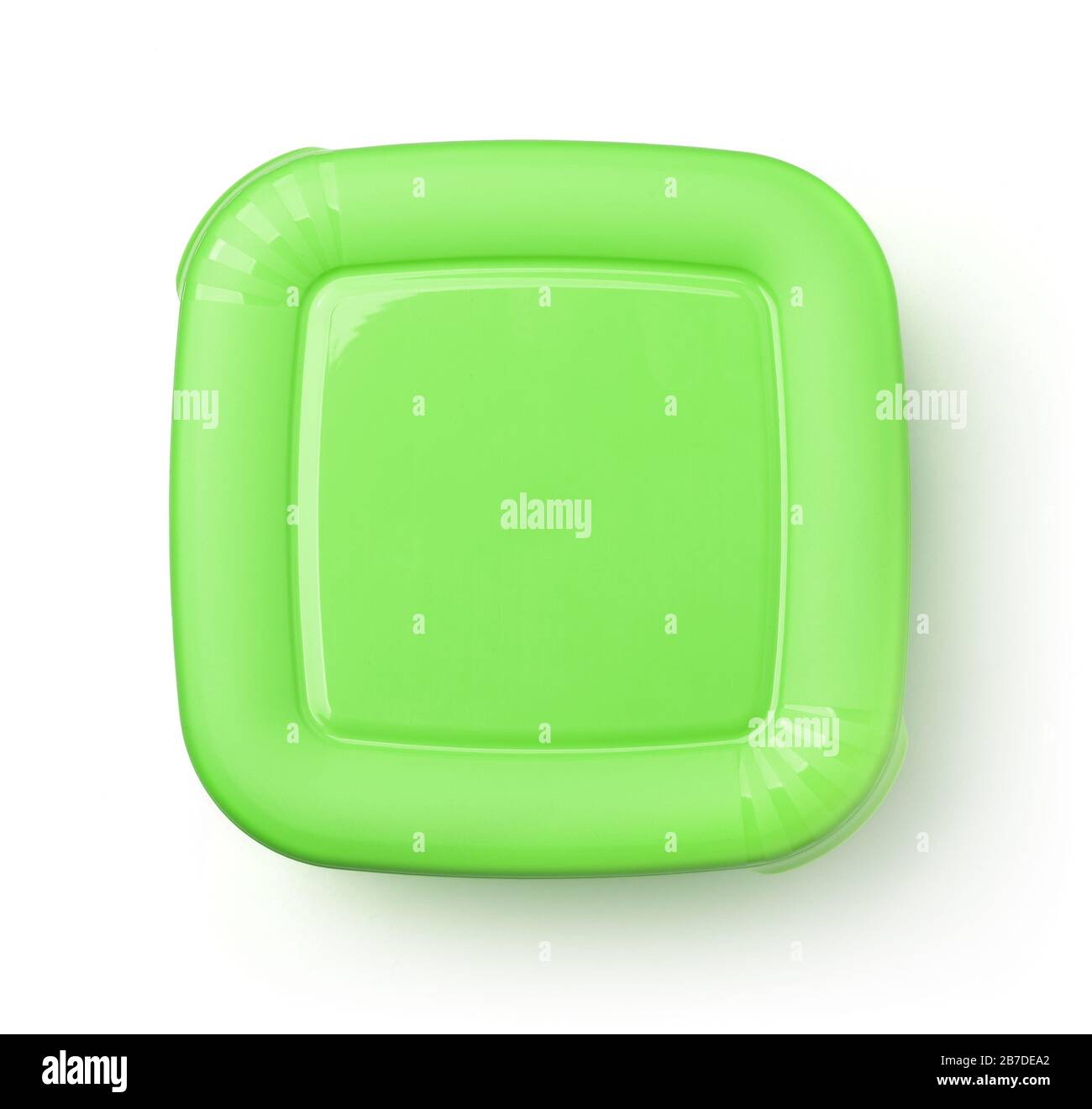 Top view of plastic food container with green lid isolated on white Stock Photo