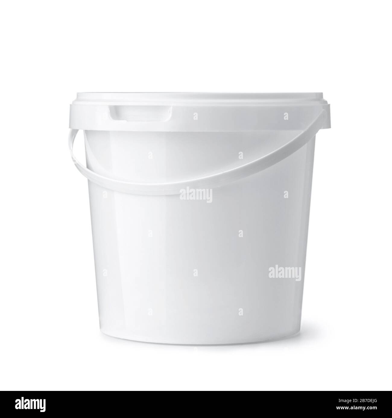 Front view of white plastic food bucket isolated on white Stock Photo