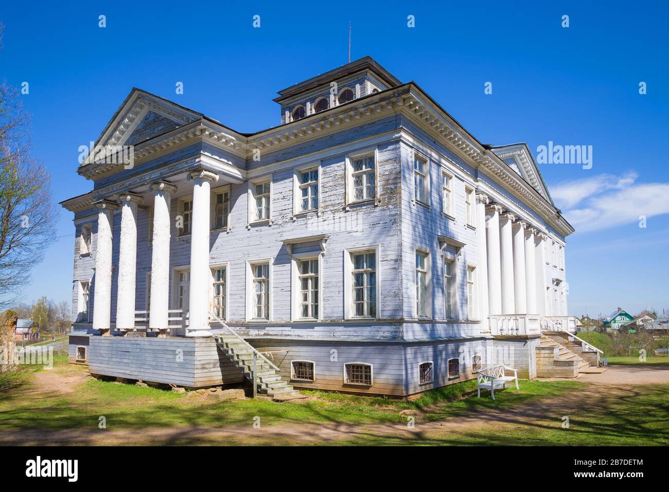 ROZHDESTVENO, RUSSIA - MAY 08, 2018: Old house of the Russian writer V. Nabokov closeup on a sunny May day Stock Photo