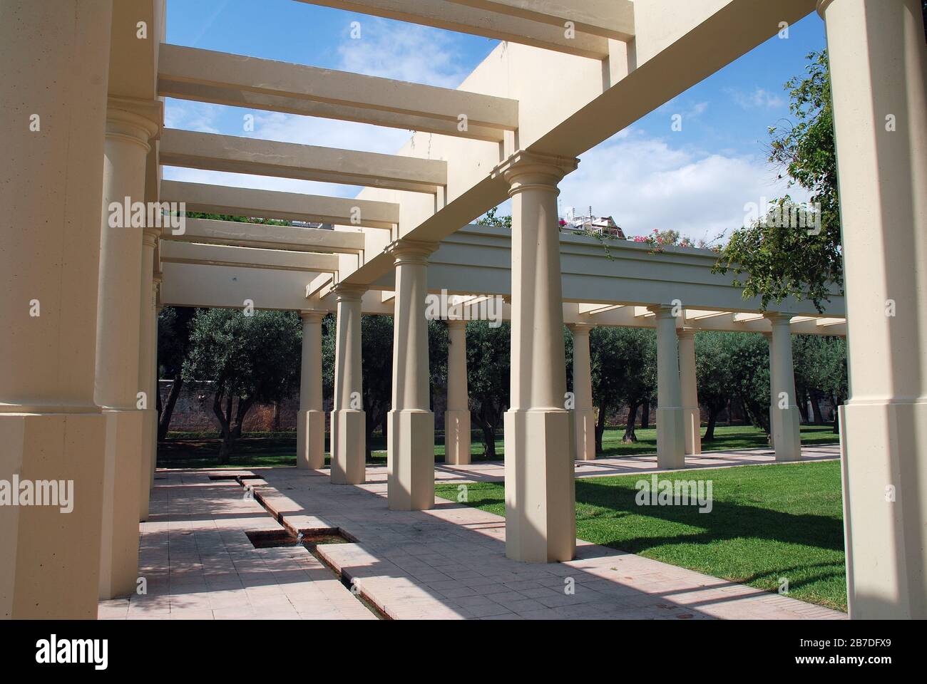 Decorative colonnade at the Turia river park in Valencia, Spain. The 9 km long park was created after the river was diverted to prevent flooding. Stock Photo