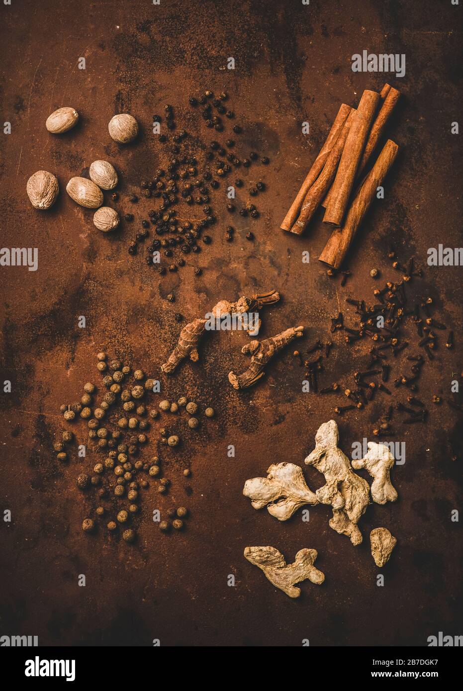 Turkish traditional seven spice Yedi Bahar mix for cooking. Flatlay of