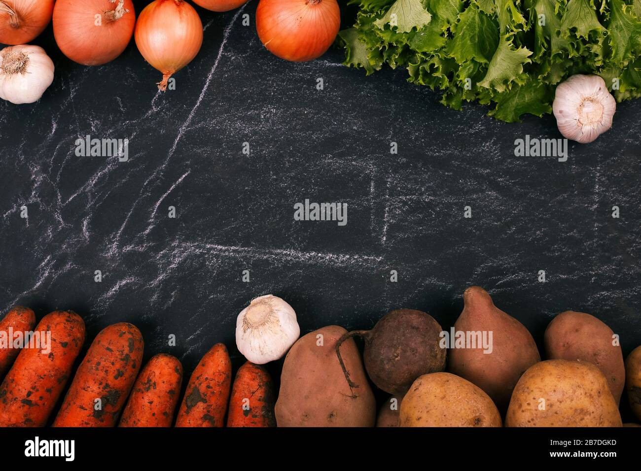 Assortment of fresh vegetables from the garden. Copy space, flat lay. Stock Photo