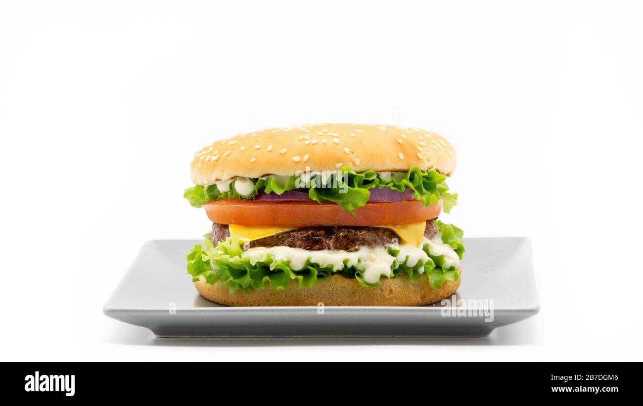 Burger on a plate. Hamburger, cheeseburger. Fast food.  Stock Photo