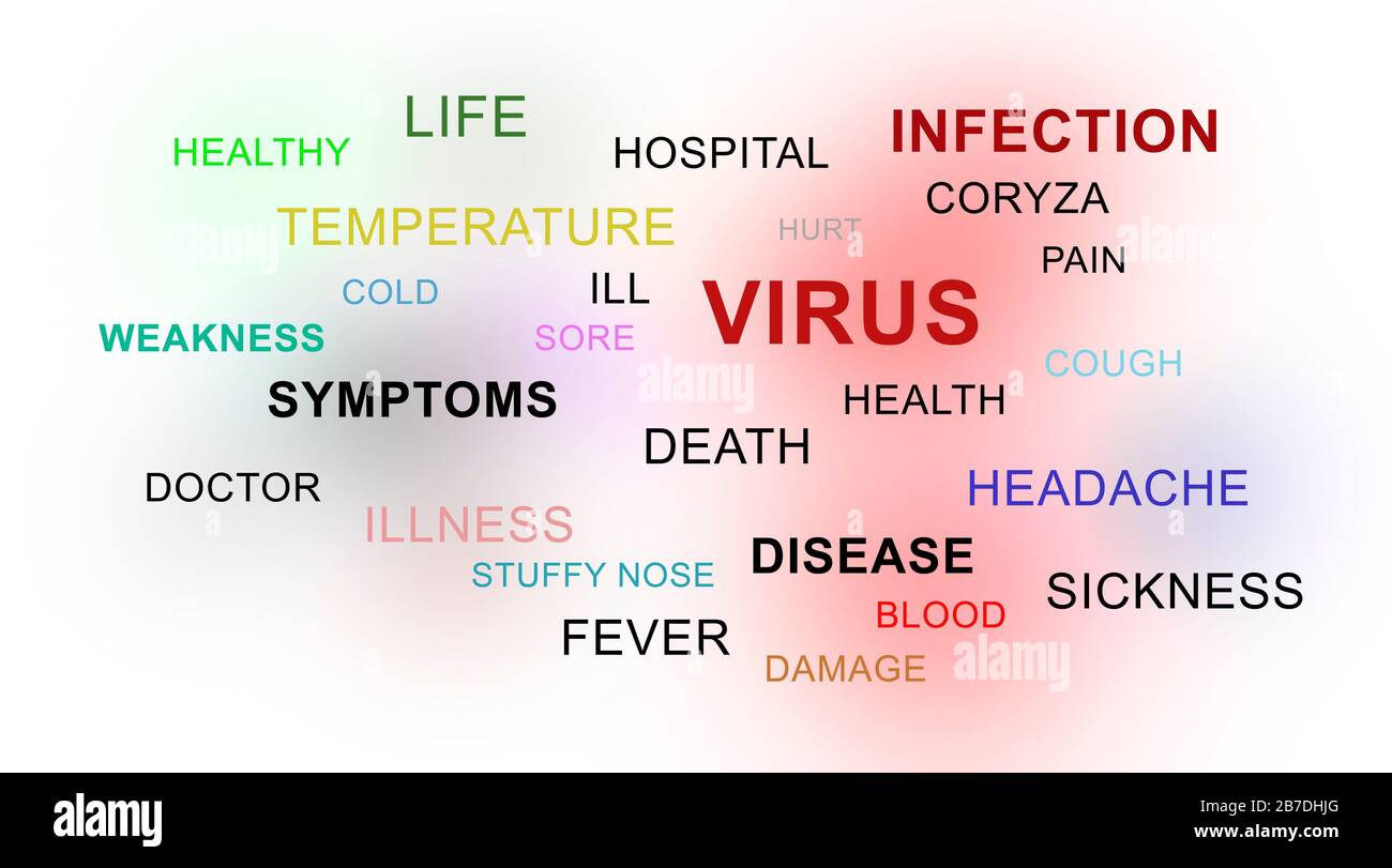 Word cloud describing health conditions related to sickness for example virus infection, fever and other symptoms Stock Photo