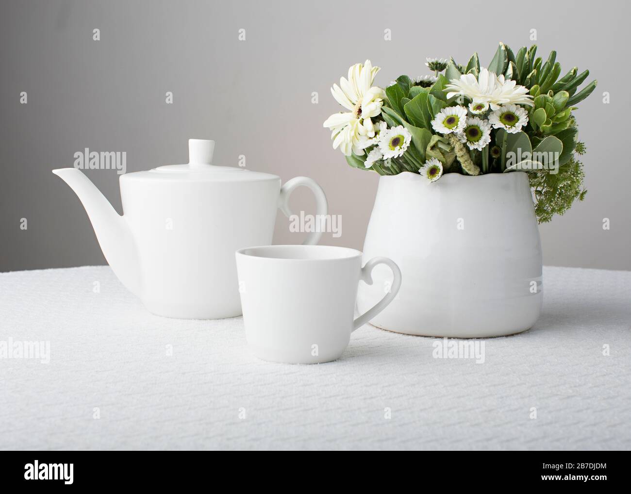 White background studio shot with crisp white china and white flower blossoms on a white tablecoth Stock Photo