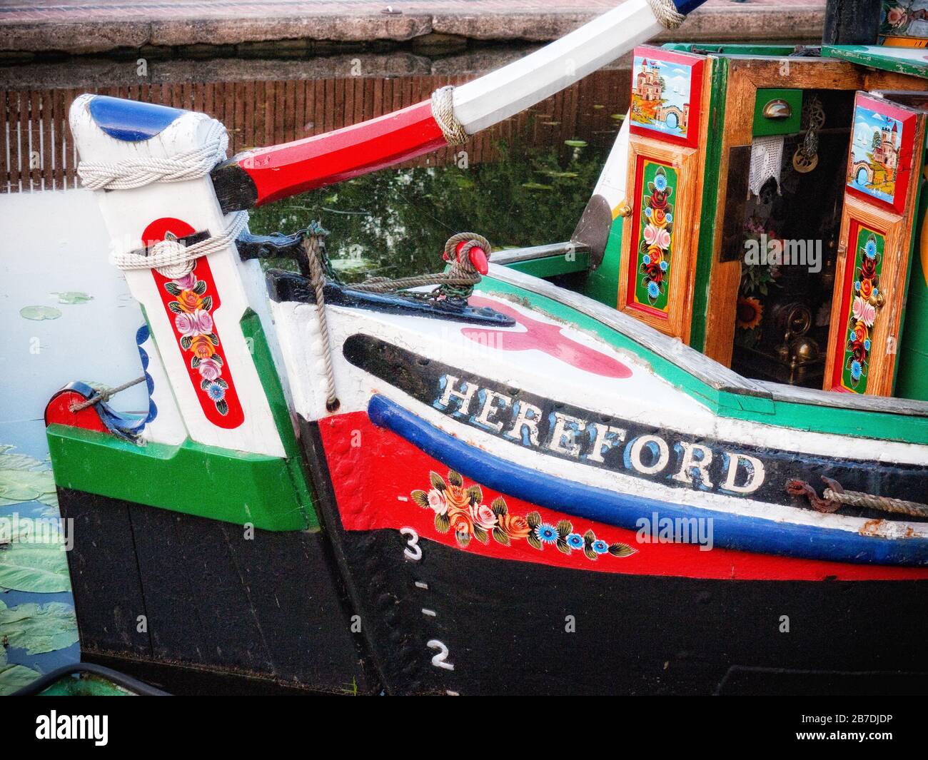 Brightly Painted Historic Narrowboat,  Butty 'Hereford' moored on the Erewash Canal, near Trent Falls, England, UK, Britain, Nottinghamshire Stock Photo