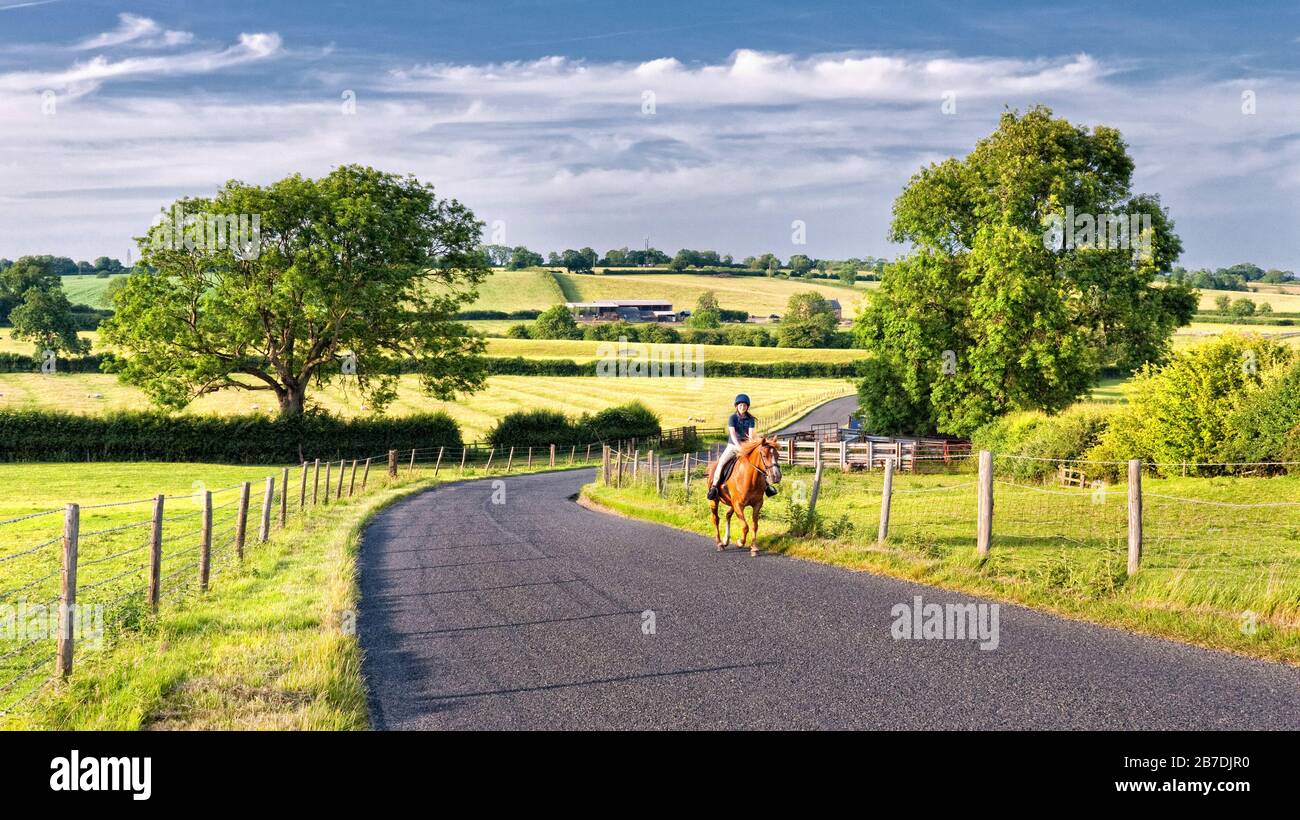 Young girl riding her horse along the roadside near the Grand Union Canal Leicester Arm,  England, UK, Britain, Leicestershire Stock Photo