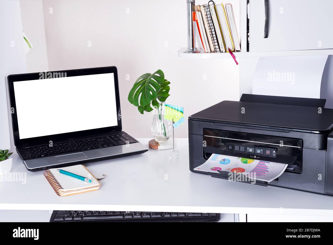 Home Office Desk With Laptop Palm Leaves And Printer Comfortable