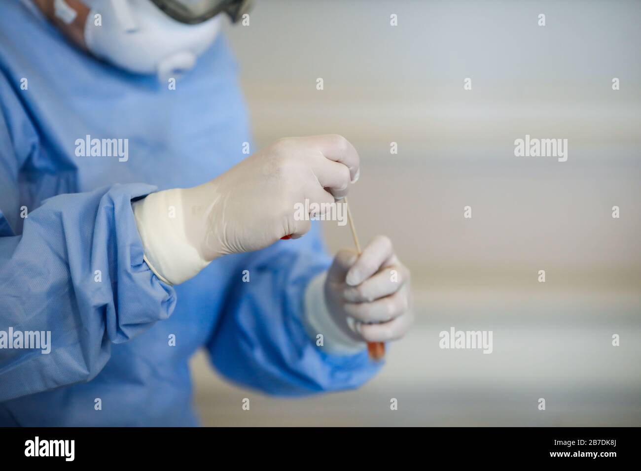 Bucharest, Romania - March 13, 2020: Details with the hands of a medic using a coronavirus test on a person. Stock Photo